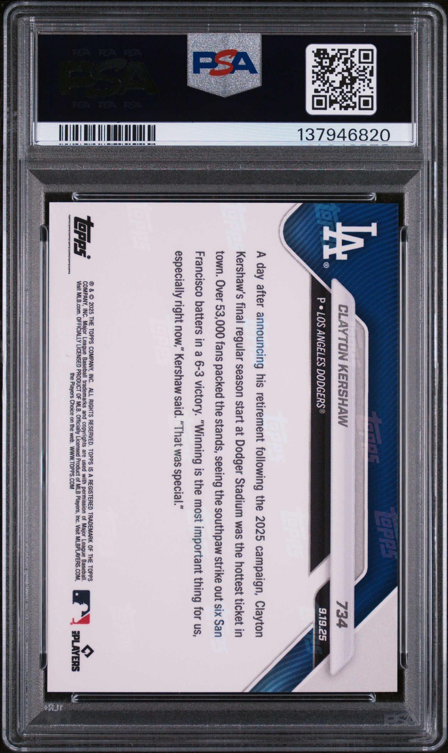 Graded 2025 Topps Now Clayton Kershaw #734 Baseball Card PSA 10 Gem Mint