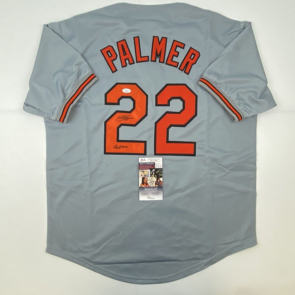 Autographed/Signed Jim Palmer HOF 1990 Baltimore Grey Baseball Jersey JSA COA