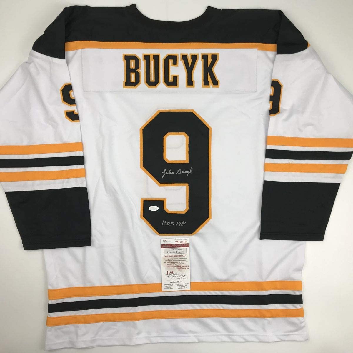 Autographed/Signed Johnny John Bucyk HOF 1981 Boston White Hockey Jersey JSA COA