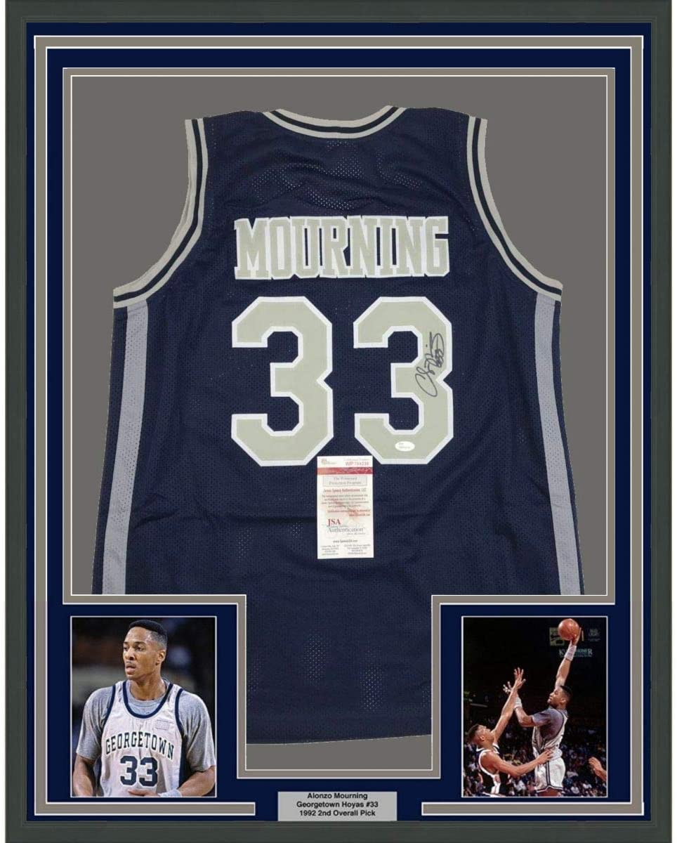 Framed Autographed/Signed Alonzo Mourning 35x39 Georgetown Blue College Basketball Jersey JSA COA