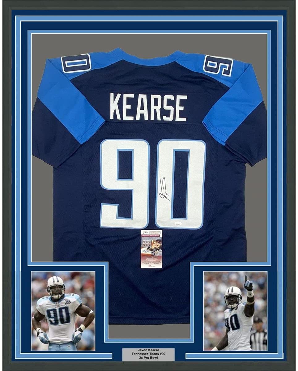 Framed Autographed/Signed Jevon Kearse 35x39 Tennessee Dark Blue Football Jersey JSA COA