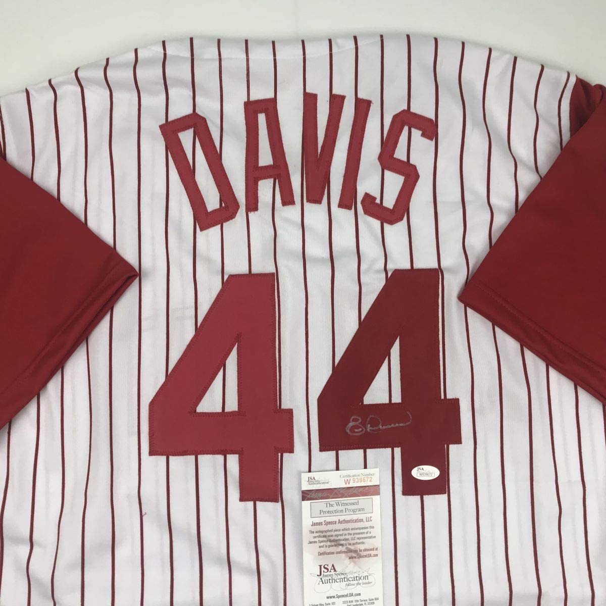 Autographed/Signed Eric Davis Cincinnati Pinstripe Baseball Jersey JSA COA