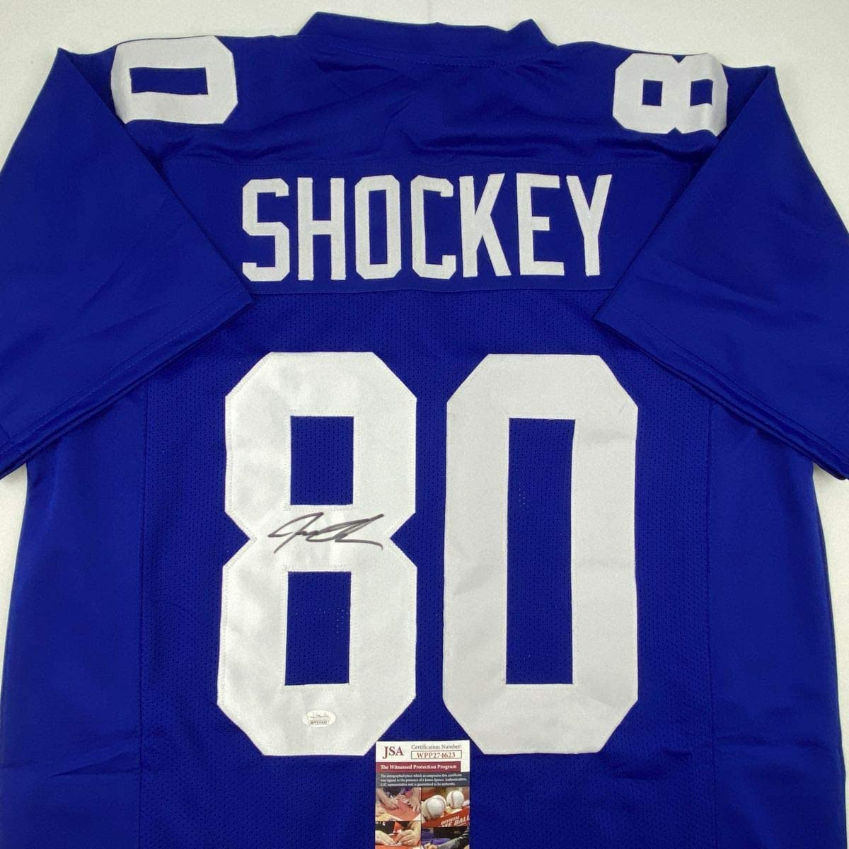 Autographed/Signed Jeremy Shockey New York Blue Football Jersey JSA COA