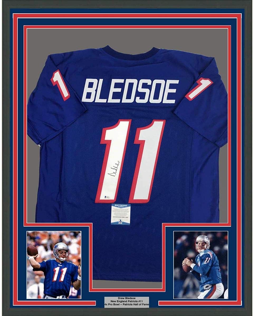 Framed Autographed/Signed Drew Bledsoe 35x39 New England Patriots Blue Football Jersey Beckett BAS COA