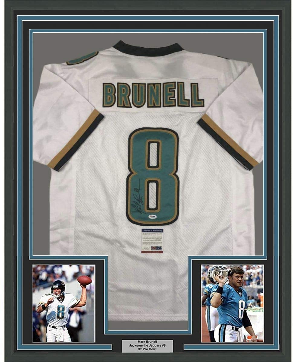 Framed Autographed/Signed Mark Brunell 35x39 Jacksonville White Football Jersey PSA/DNA COA