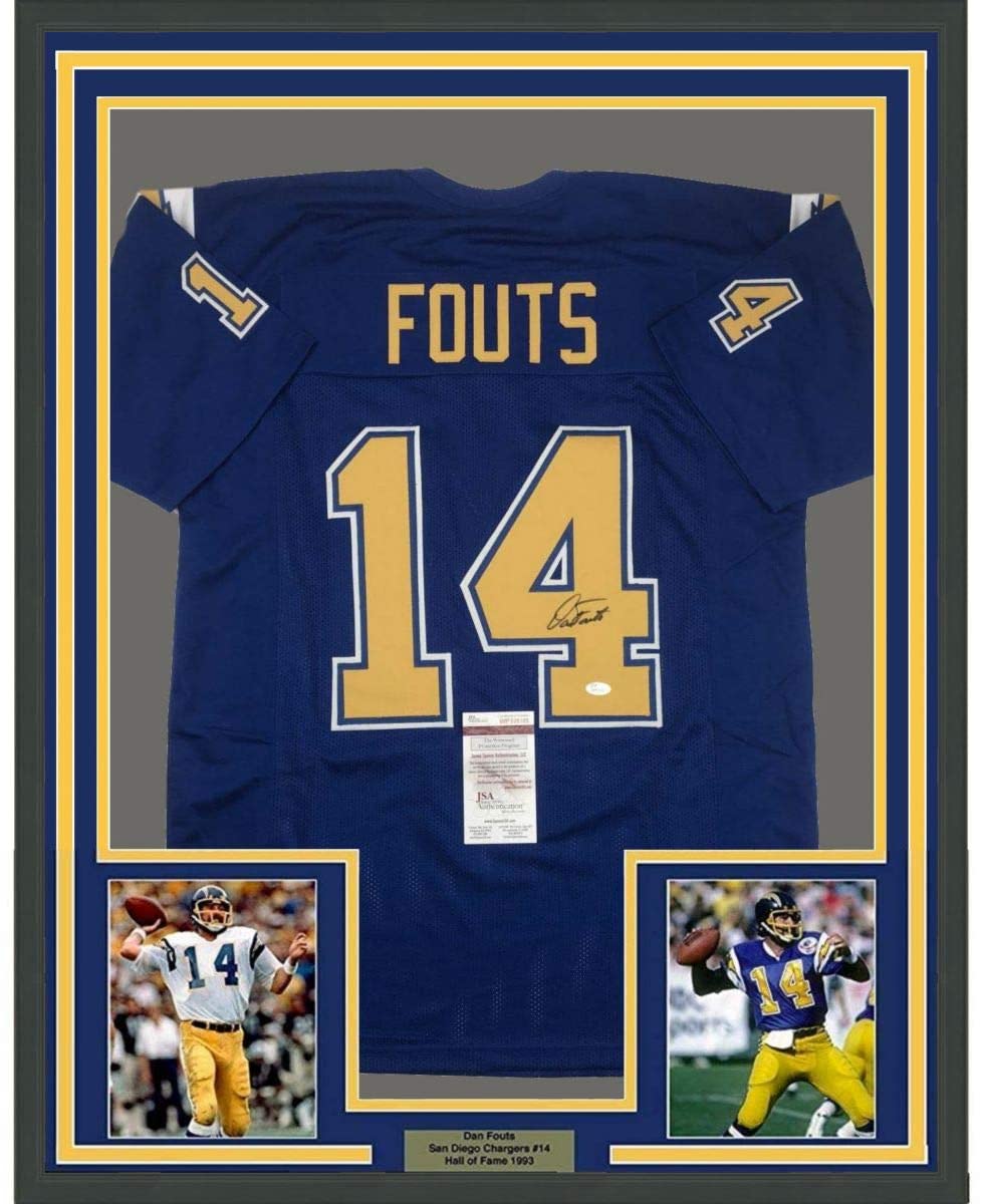 Framed Autographed/Signed Dan Fouts 35x39 San Diego Royal Blue Football Jersey JSA COA