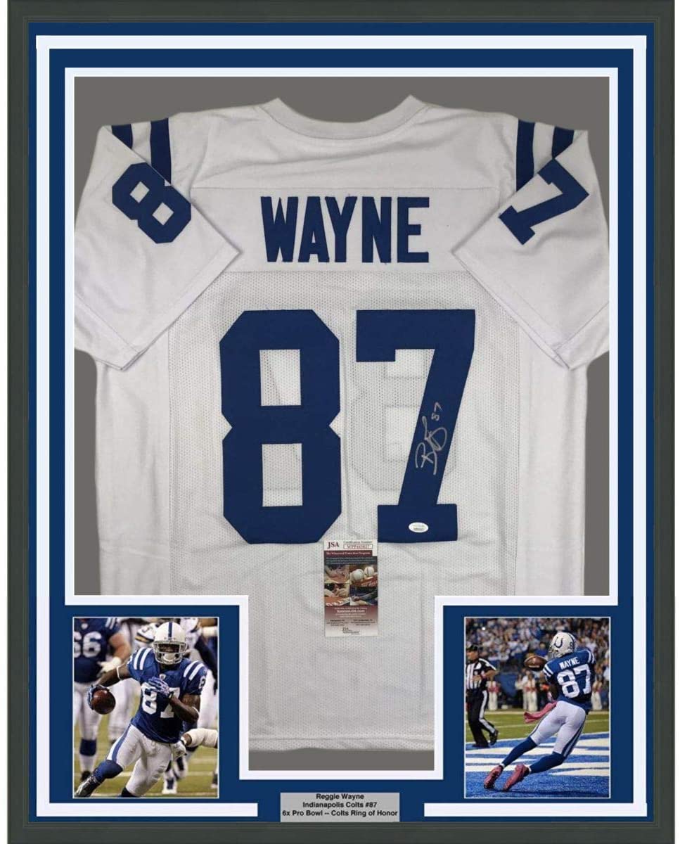 Framed Autographed/Signed Reggie Wayne 35x39 Indianapolis White Football Jersey JSA COA