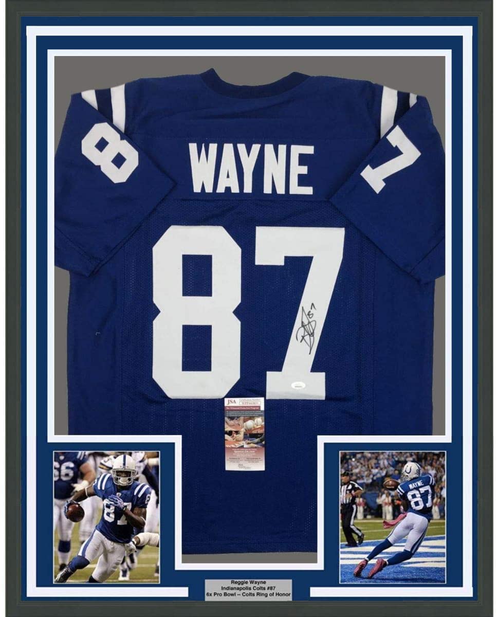 Framed Autographed/Signed Reggie Wayne 35x39 Indianapolis Blue Football Jersey JSA COA