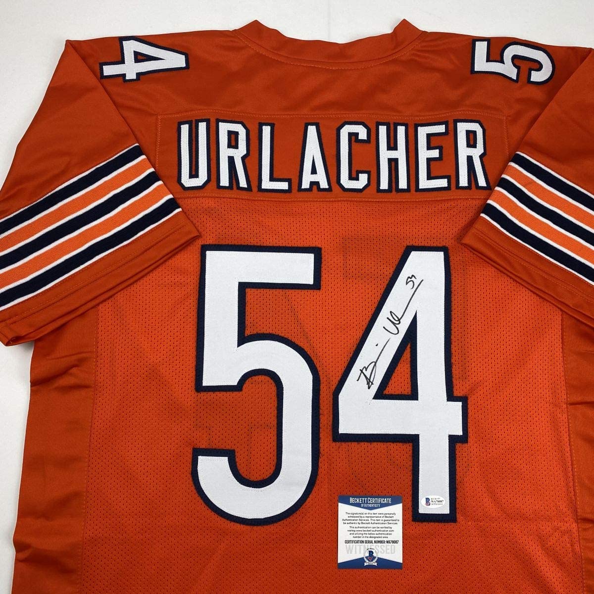 Autographed/Signed Brian Urlacher Chicago Orange Football Jersey Beckett BAS COA