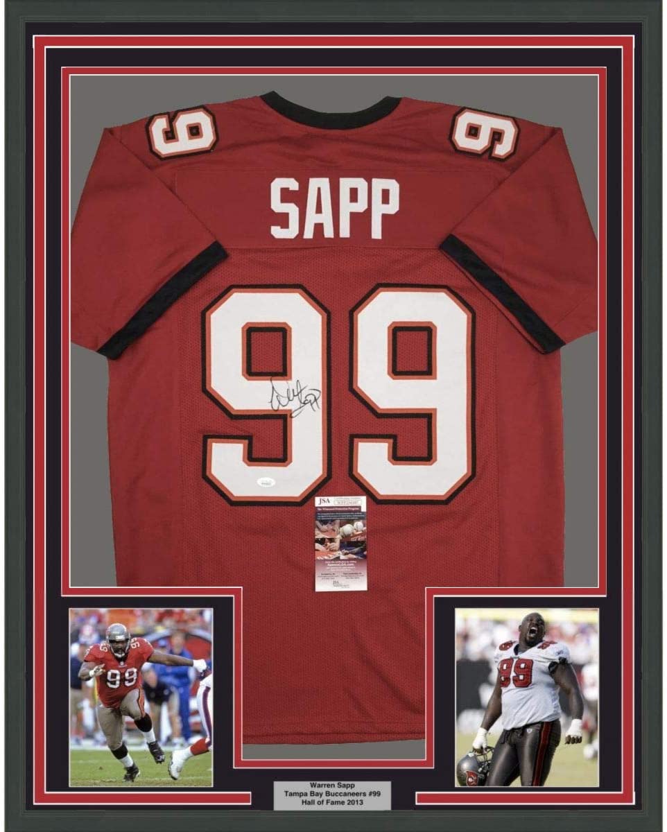 Framed Autographed/Signed Warren Sapp 35x39 Tampa Bay Red Football Jersey JSA COA
