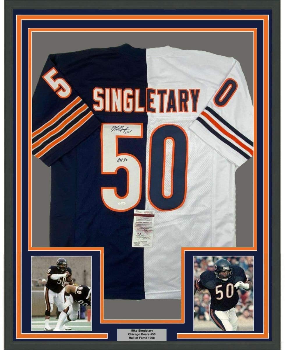 Framed Autographed/Signed Mike Singletary HOF 98 35x39 Chicago Splite Football Jersey JSA COA