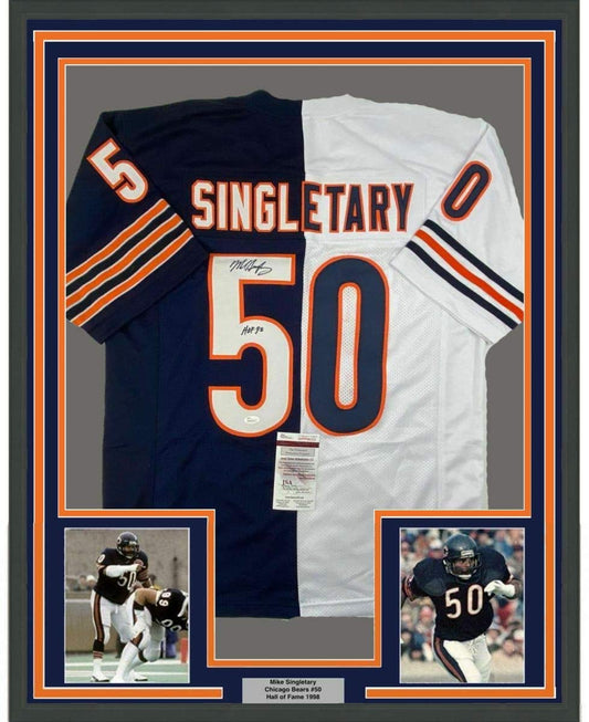 Framed Autographed/Signed Mike Singletary HOF 98 35x39 Chicago Splite Football Jersey JSA COA
