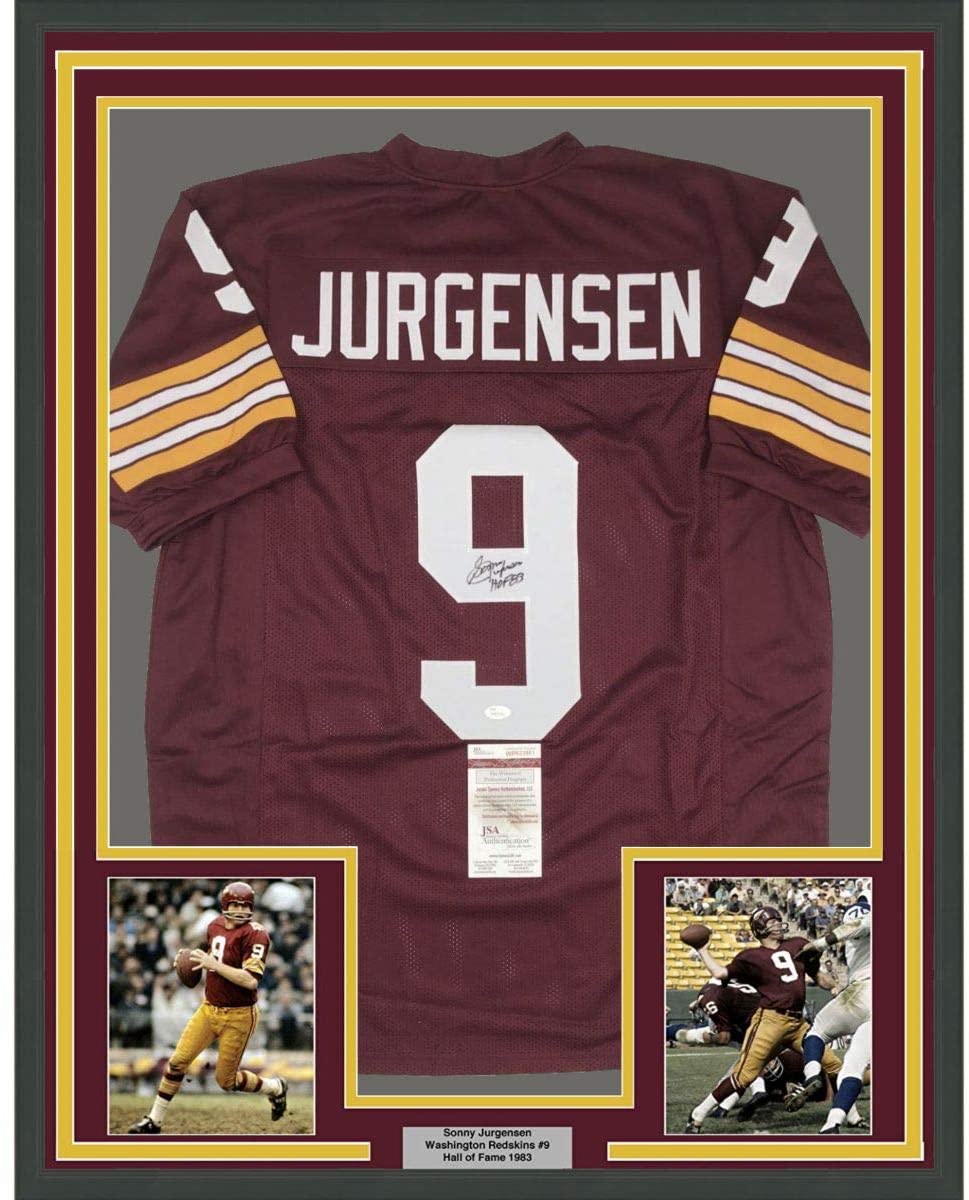 Framed Autographed/Signed Sonny Jurgensen HOF 83 35x39 Washington Burgundy Football Jersey JSA COA