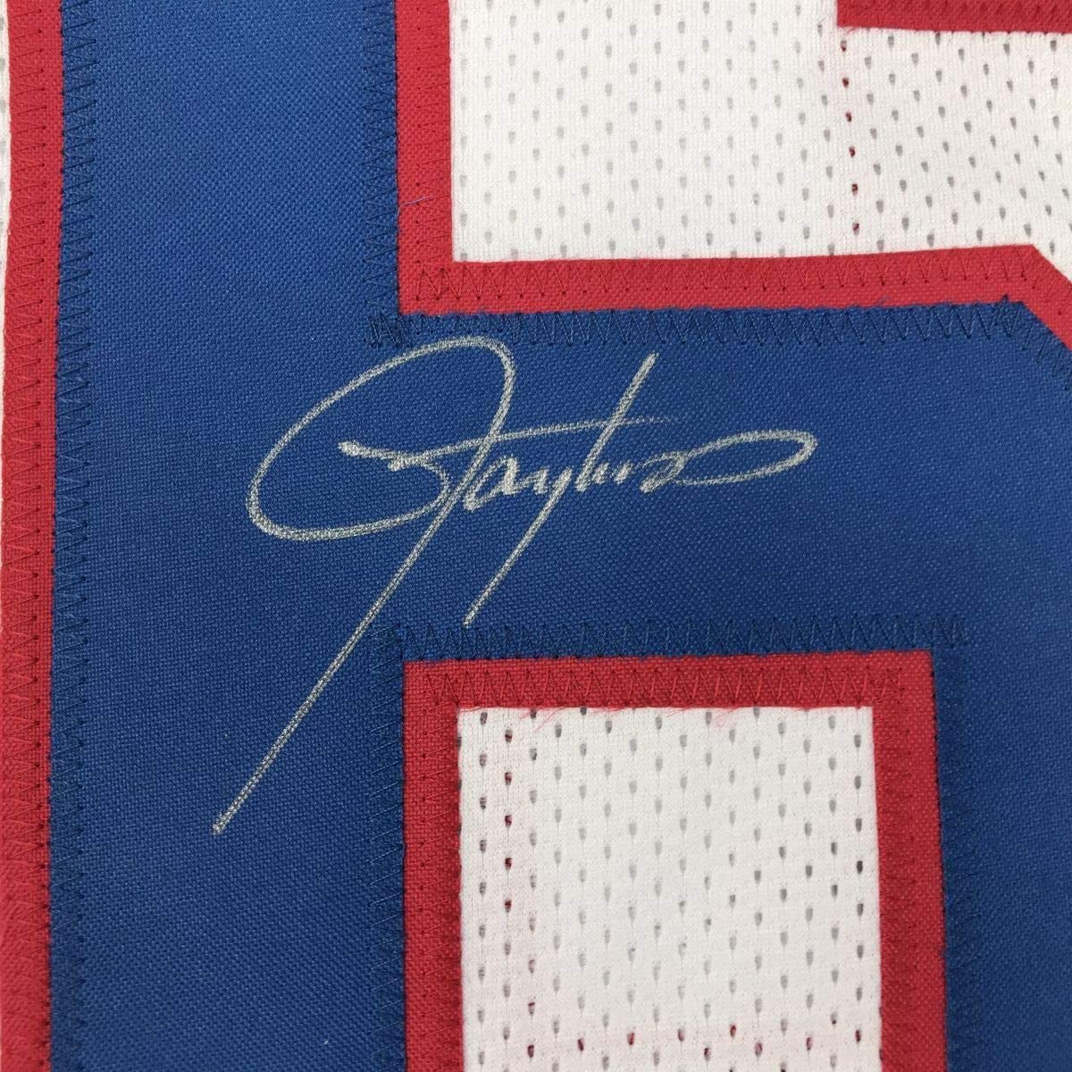 Framed Autographed/Signed Lawrence Taylor 35x39 New York White Football Jersey JSA COA