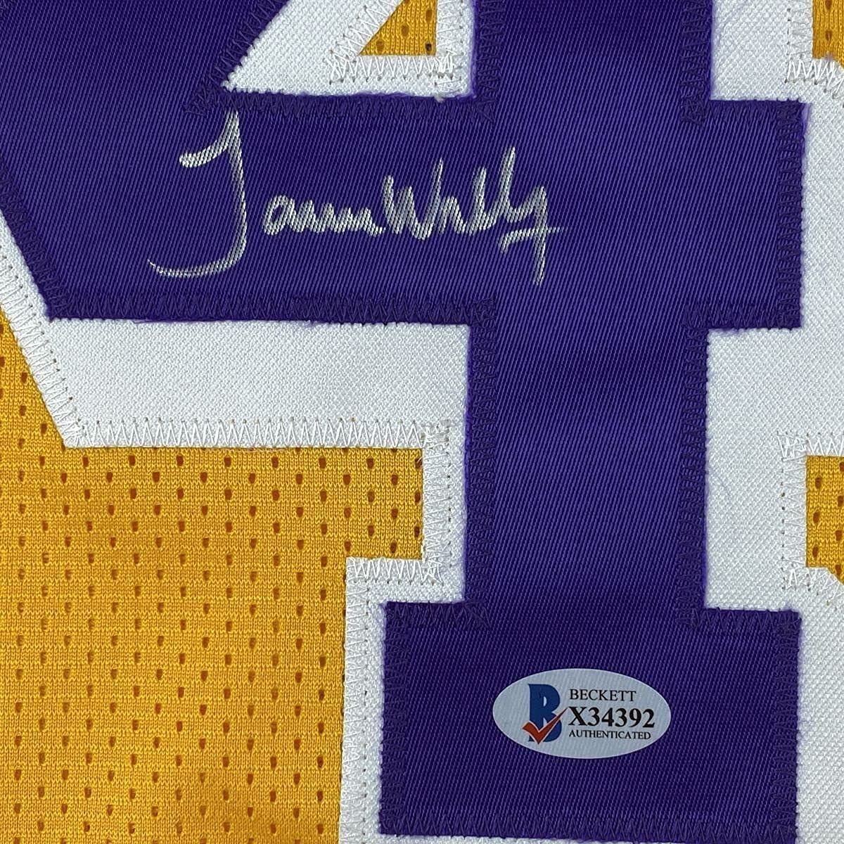 Framed Autographed/Signed James Worthy 35x39 Los Angeles LA Yellow Basketball Jersey Beckett BAS COA