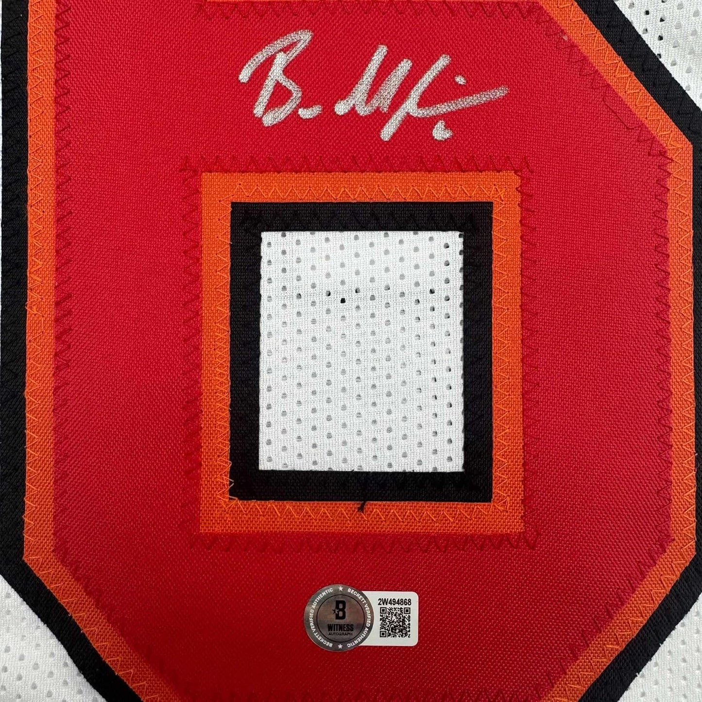 Framed Autographed/Signed Baker Mayfield 35x39 Tampa Bay White Football Jersey Beckett BAS COA