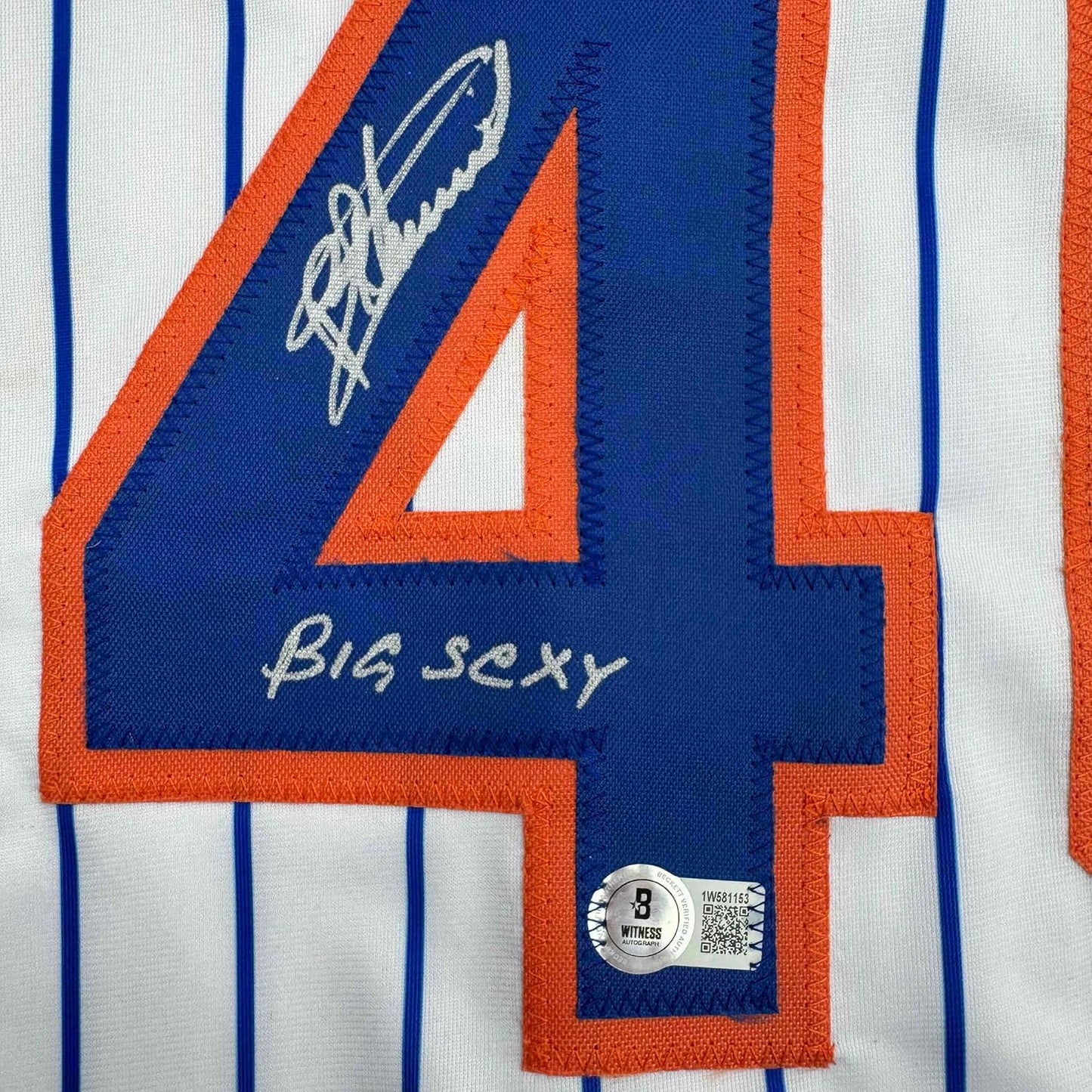 Framed Autographed/Signed Bartolo Colon 35x39 Inscribed Big Sexy New York Pinstripe Baseball Jersey Beckett BAS COA