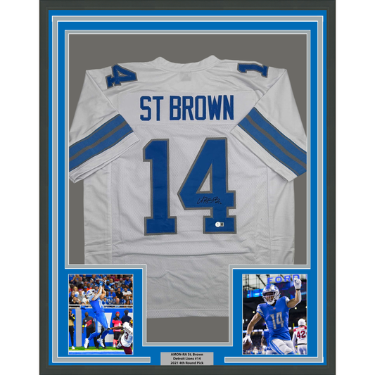 Framed Autographed/Signed Amon-Ra St. Brown 35x39 Detroit White Football Jersey Beckett BAS COA