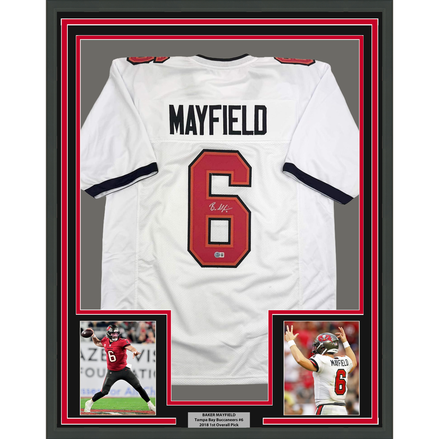 Framed Autographed/Signed Baker Mayfield 35x39 Tampa Bay White Football Jersey Beckett BAS COA