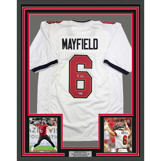 Framed Autographed/Signed Baker Mayfield 35x39 Tampa Bay White Football Jersey Beckett BAS COA