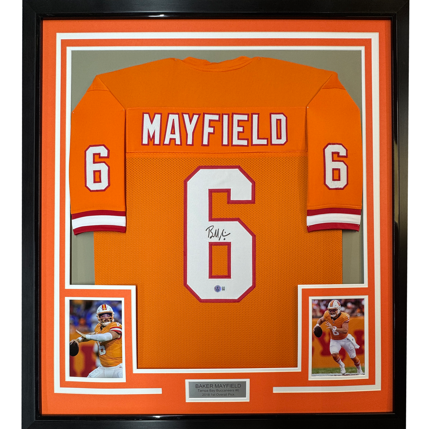 Framed Autographed/Signed Baker Mayfield 35x39 Tampa Bay Orange Creamsicle Retro Throwback Football Jersey Beckett BAS COA