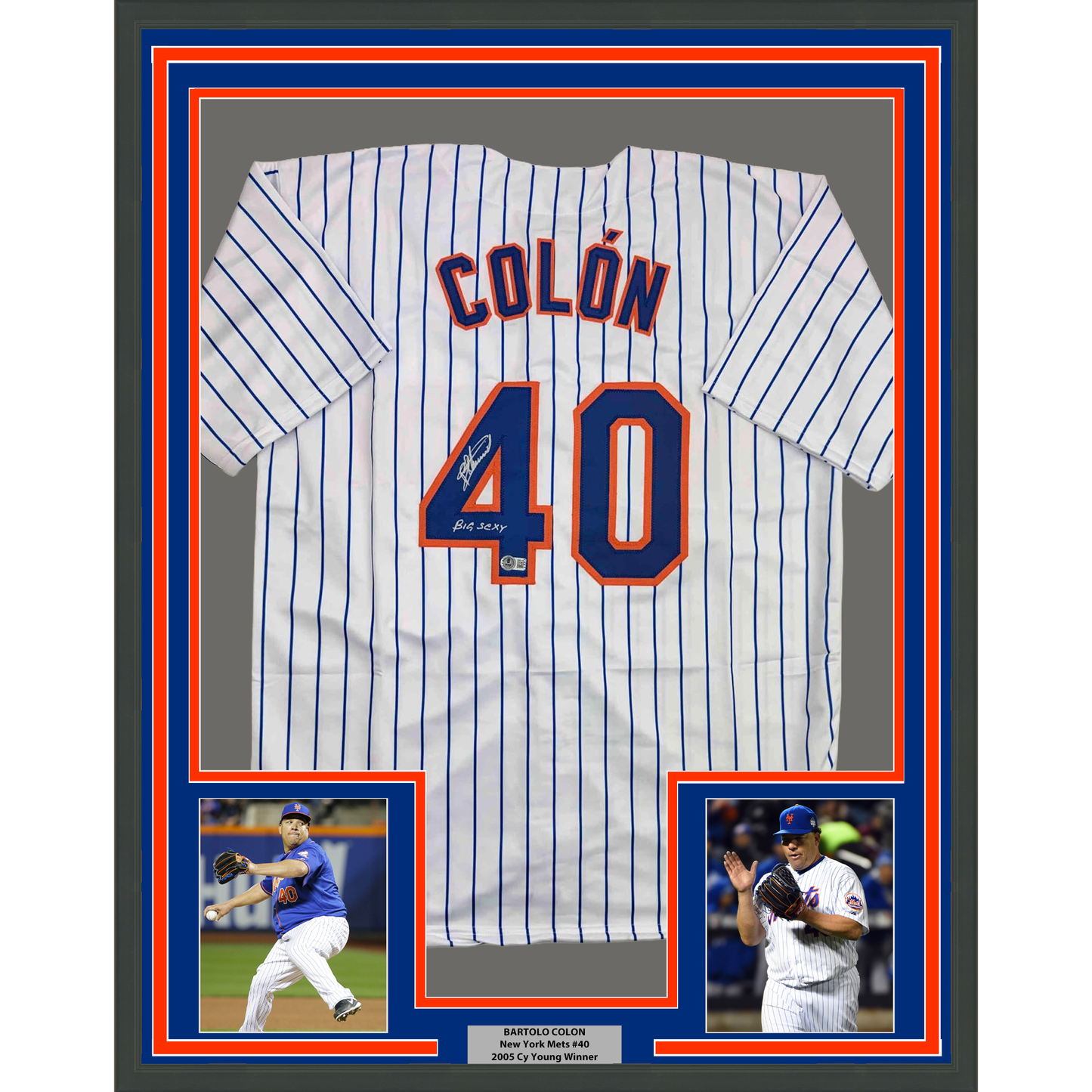 Framed Autographed/Signed Bartolo Colon 35x39 Inscribed Big Sexy New York Pinstripe Baseball Jersey Beckett BAS COA