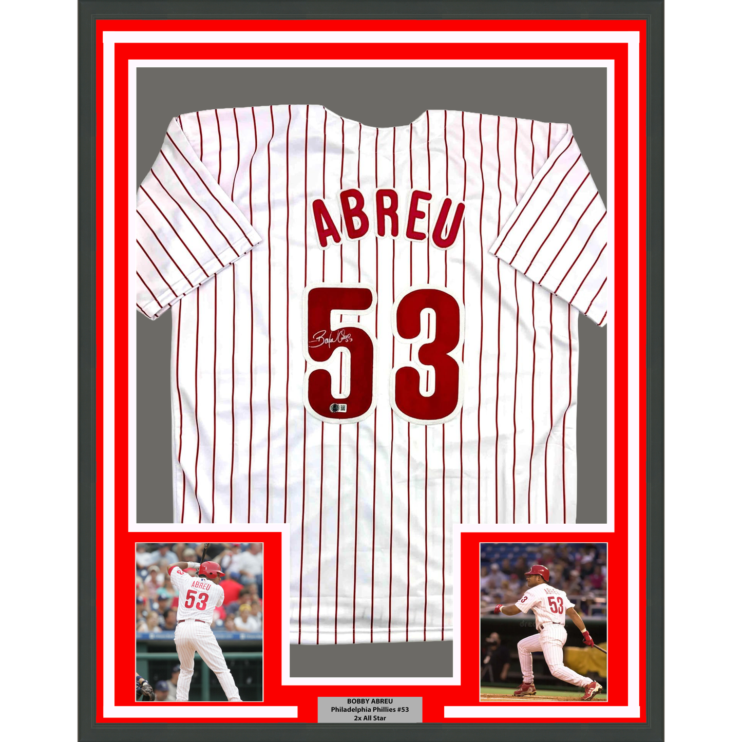 Framed Autographed/Signed Bobby Abreu 35x39 Philadelphia Pinstripe Baseball Jersey Beckett BAS COA