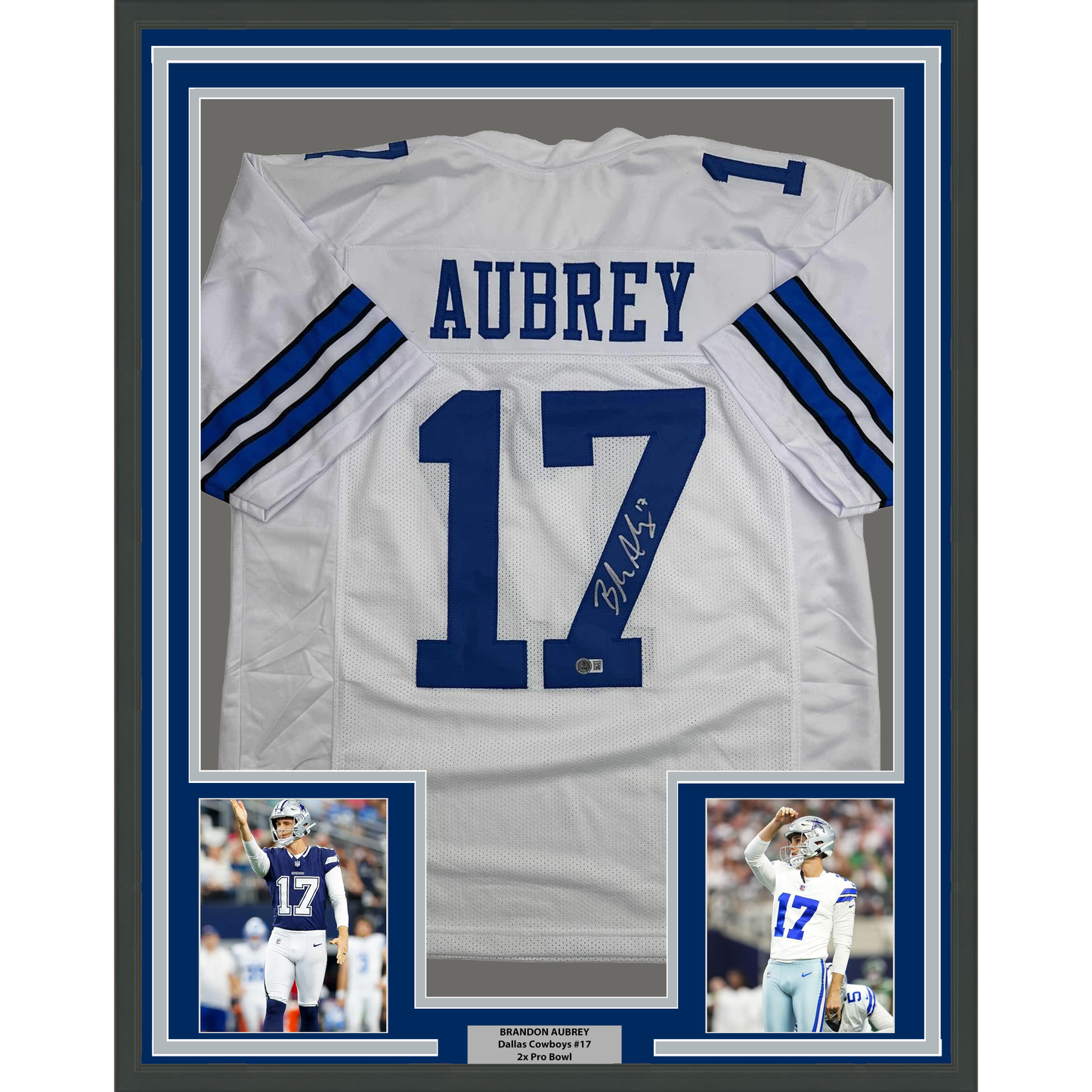Framed Autographed/Signed Brandon Aubrey 35x39 Dallas White Football Jersey Beckett BAS COA