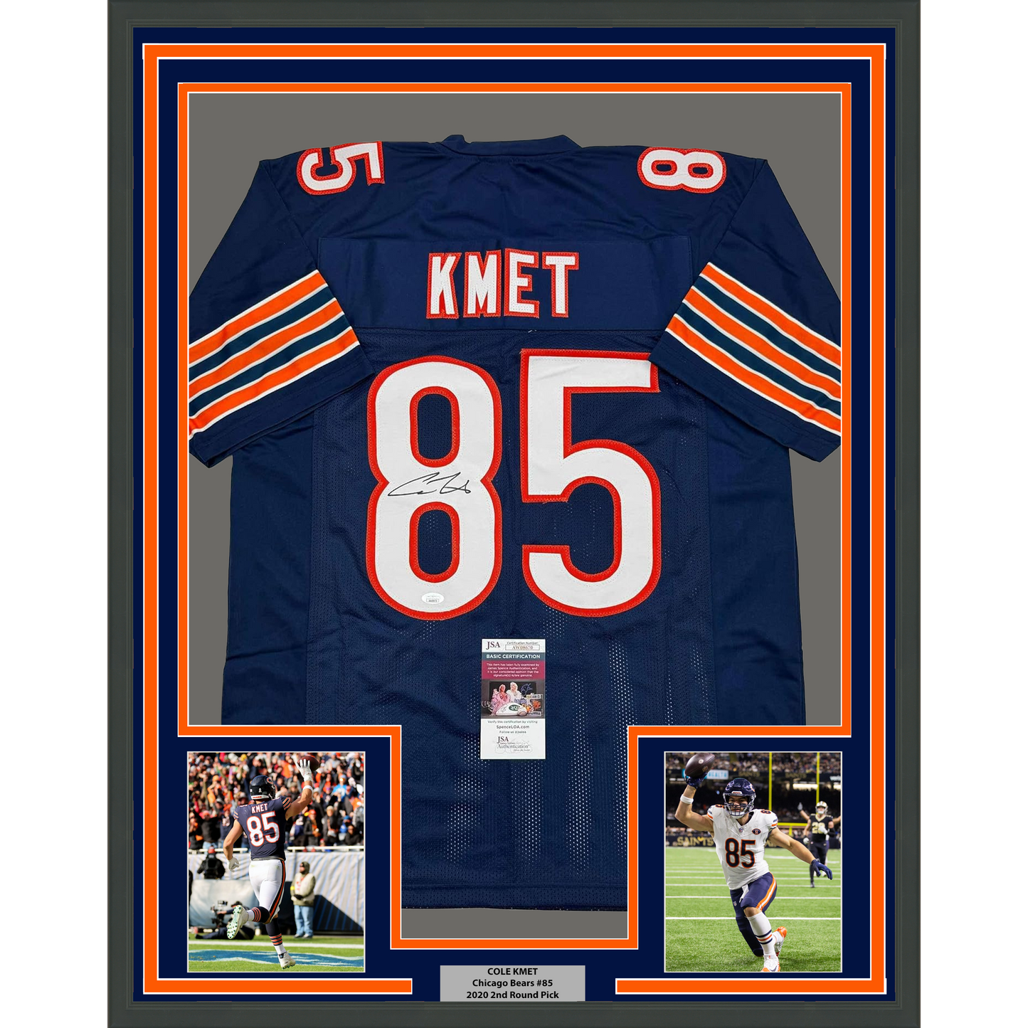 Framed Autographed/Signed Cole Kmet 35x39 Chicago Blue Football Jersey JSA COA