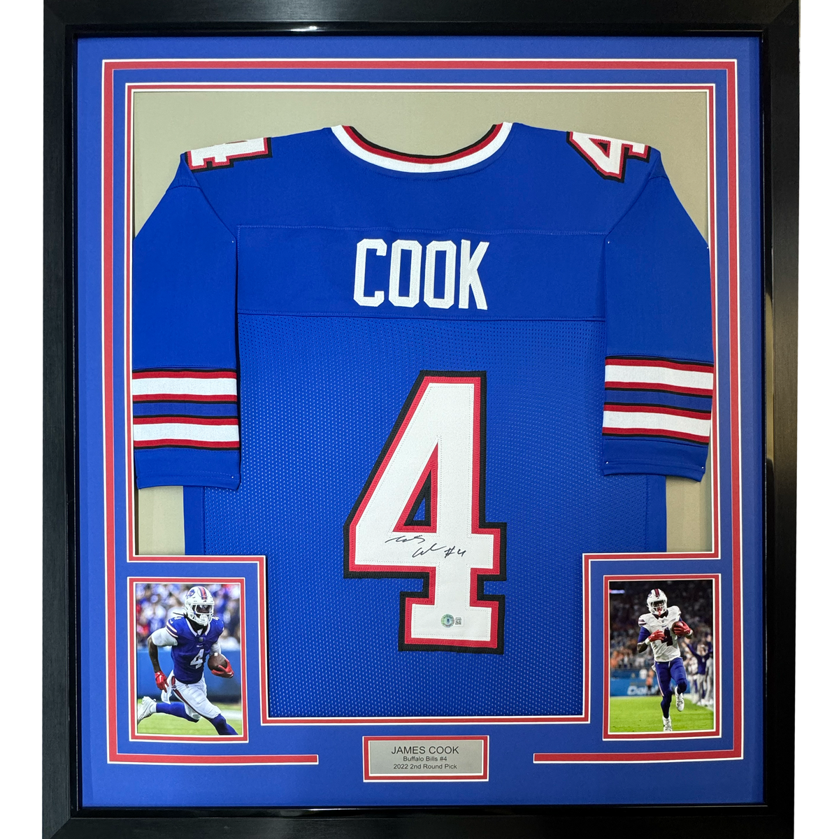 Framed Autographed/Signed James Cook 35x39 Buffalo Blue Football Jersey Beckett BAS COA