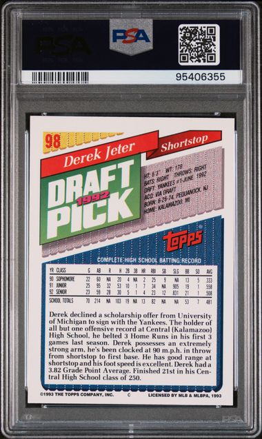 Graded 1993 Topps Derek Jeter #98 Rookie RC Baseball Card PSA 9 Mint