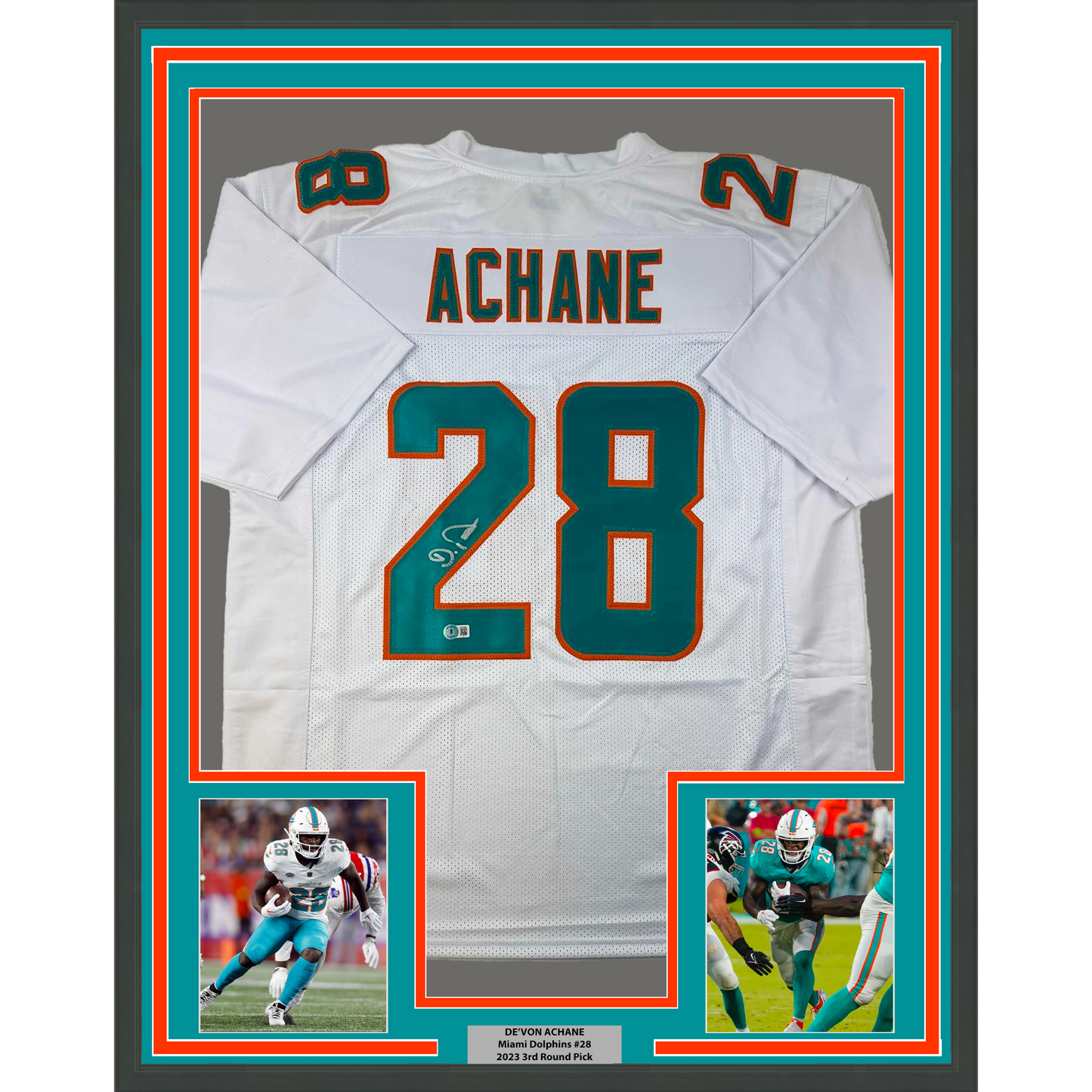 Framed Autographed/Signed De'Von DeVon Achane 35x39 Miami White Football Jersey Beckett BAS COA