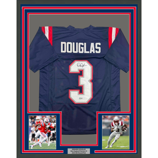 Framed Autographed/Signed DeMario Douglas 35x39 New England Blue Football Jersey Beckett BAS COA