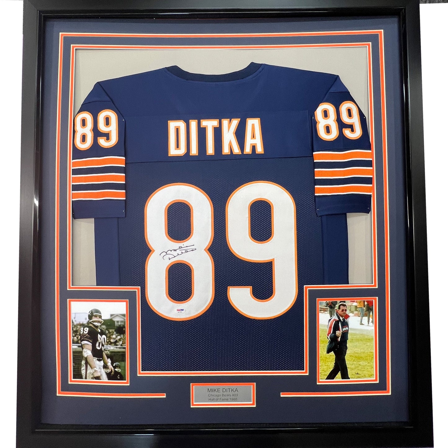 Framed Autographed/Signed Mike Ditka 35x39 Chicago Blue Football Jersey JSA COA