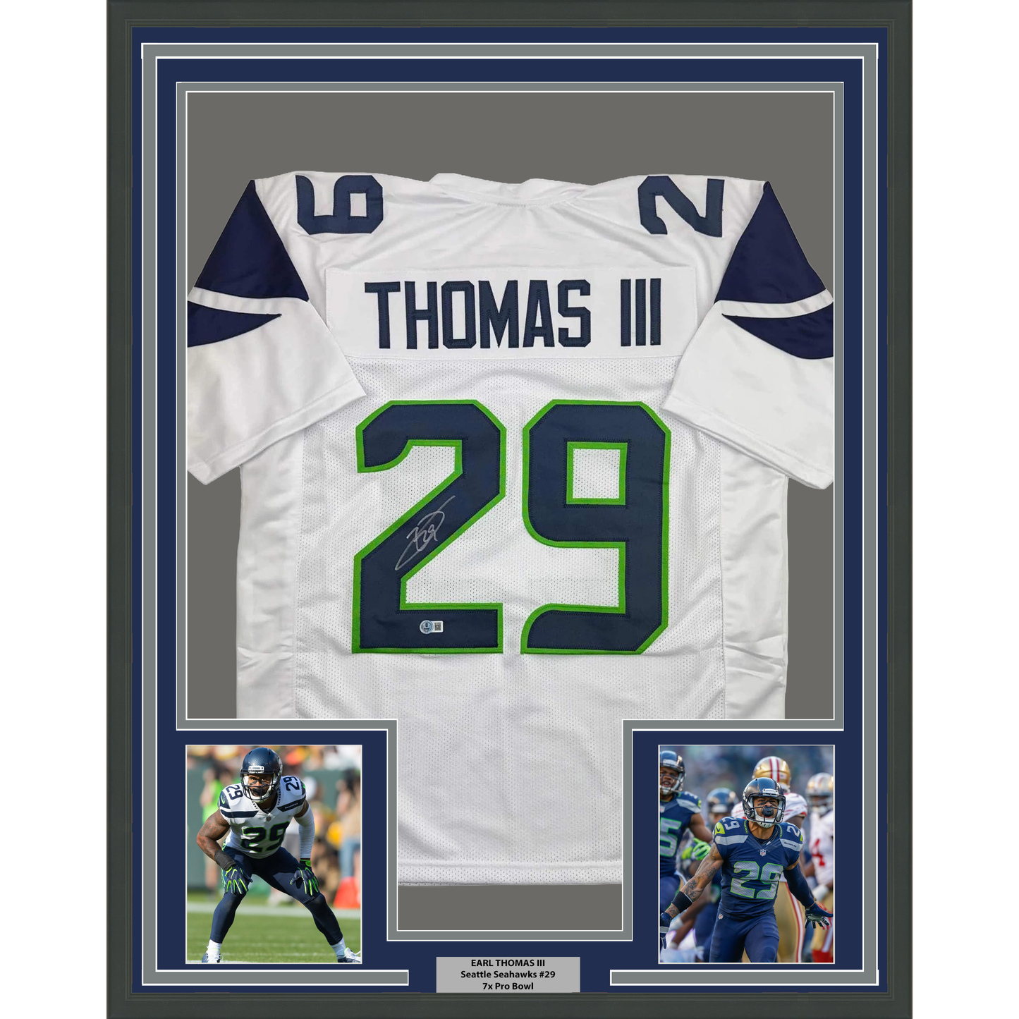 Framed Autographed/Signed Earl Thomas III 35x39 Seattle White Football Jersey Beckett BAS COA