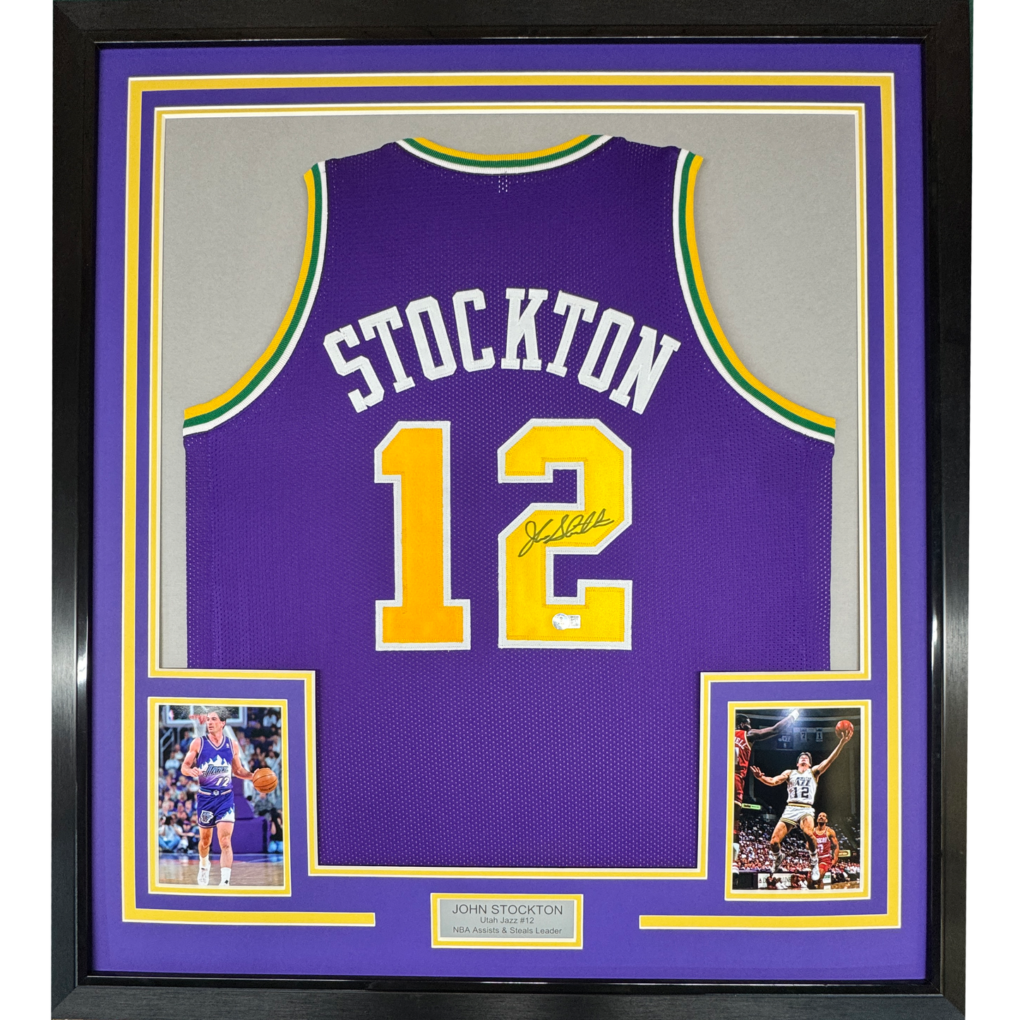 Framed Autographed/Signed John Stockton 35x39 Utah Purple Basketball Jersey Beckett BAS COA