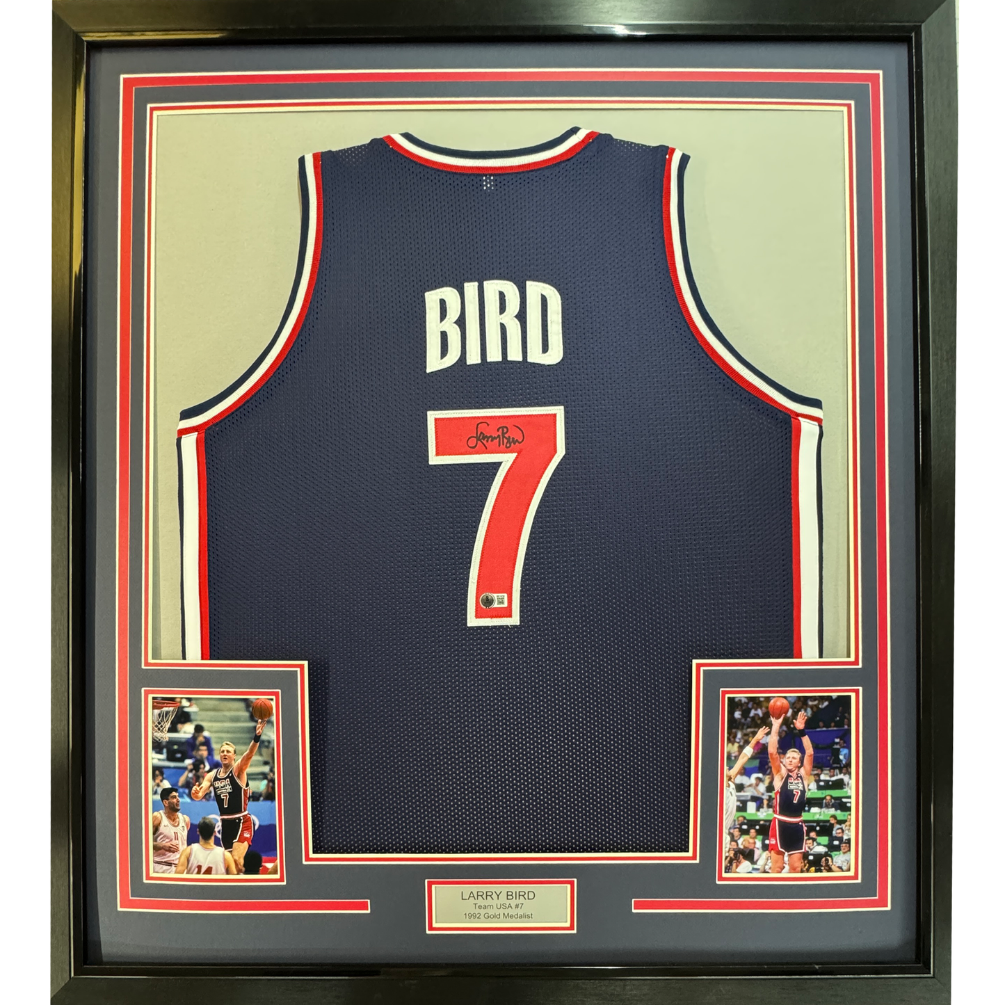 Framed Autographed/Signed Larry Bird 35x39 United States USA Blue 1992 Dream Team Basketball Jersey Beckett BAS COA