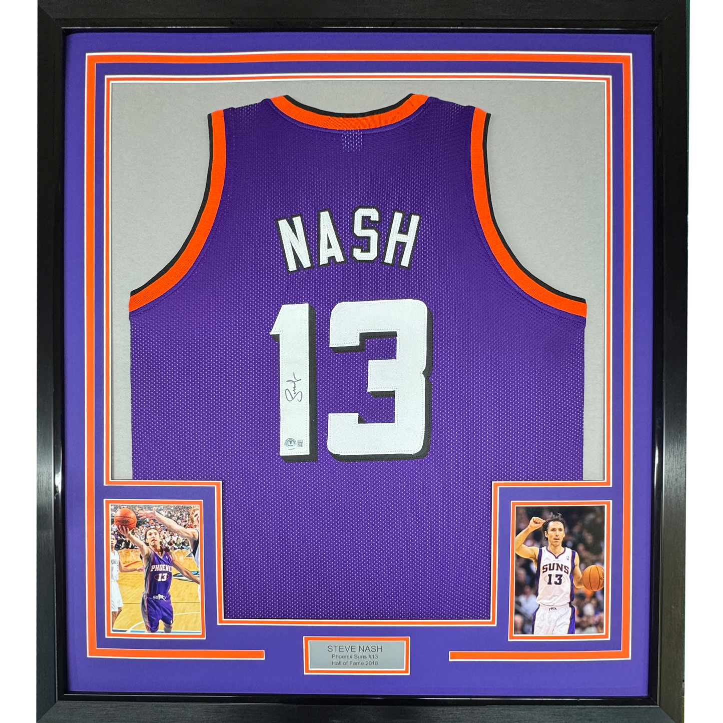 Framed Autographed/Signed Steve Nash 35x39 Phoenix Purple Basketball Jersey Beckett BAS COA