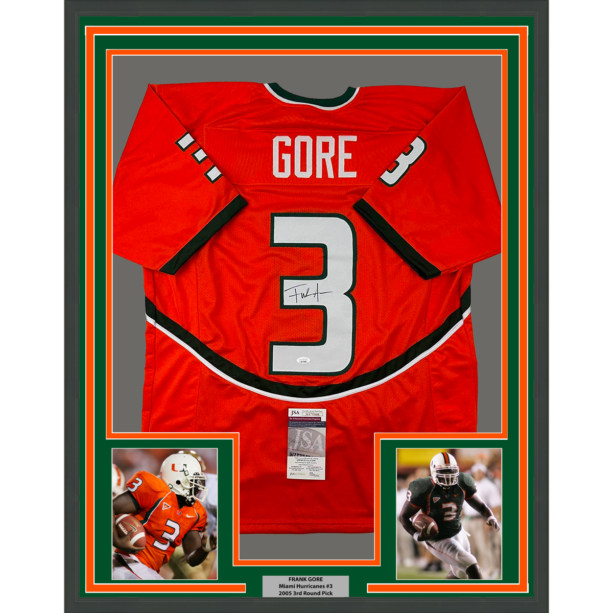 Framed Autographed/Signed Frank Gore 35x39 Miami Orange Football Jersey JSA COA
