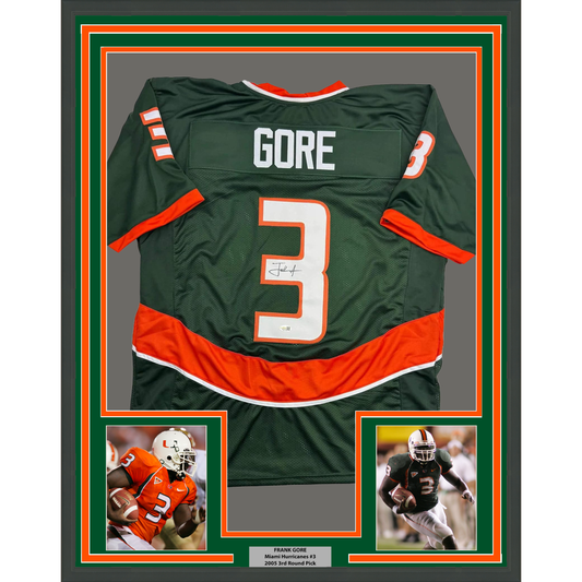 Framed Autographed/Signed Frank Gore 35x39 Miami Green Football Jersey JSA COA