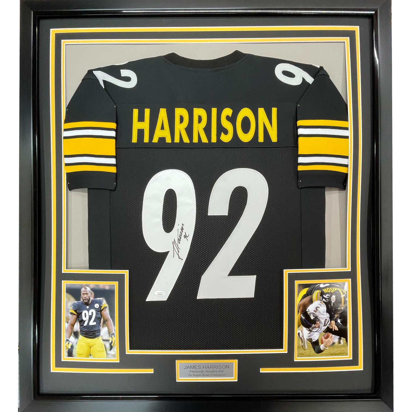 Framed Autographed/Signed James Harrison 35x39 Pittsburgh Black Football Jersey Beckett BAS COA