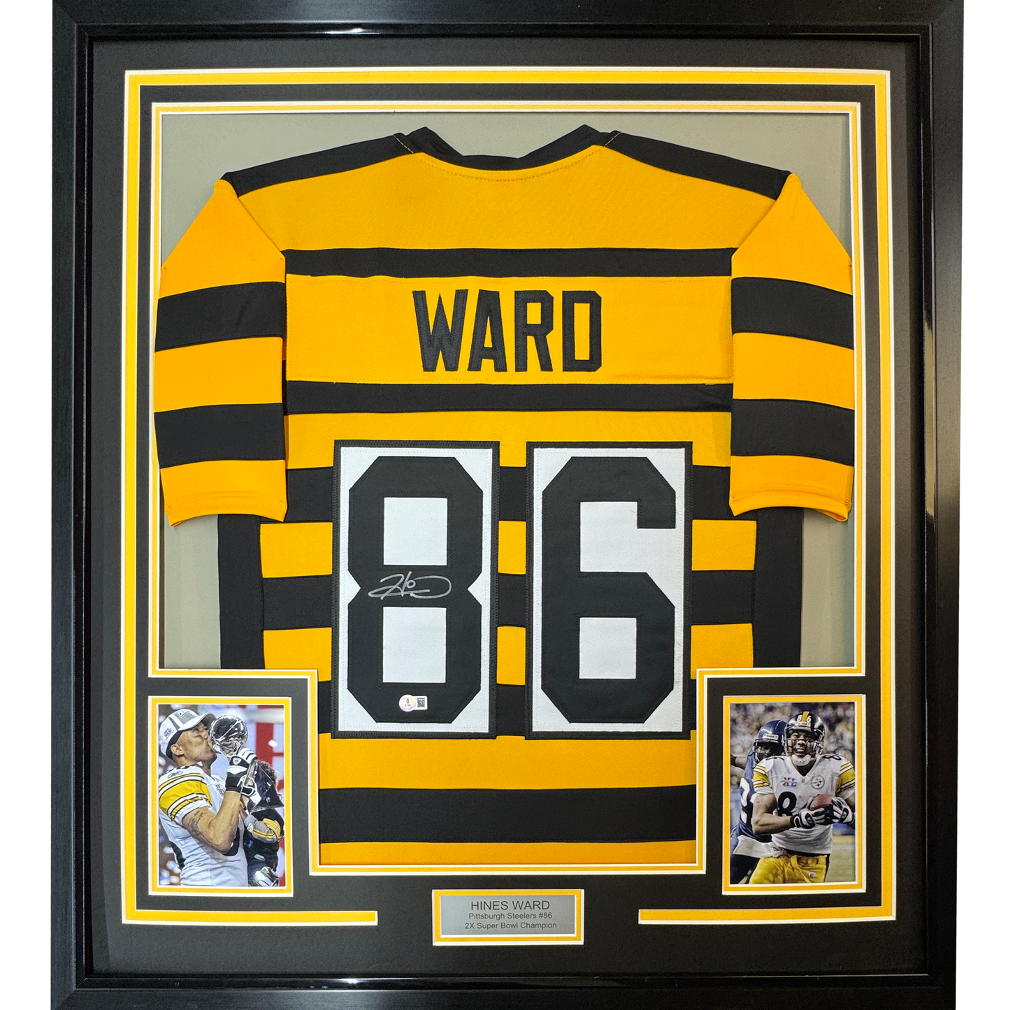 Framed Autographed/Signed Hines Ward 35x39 Pittsburgh Bumble Bee Football Jersey JSA COA