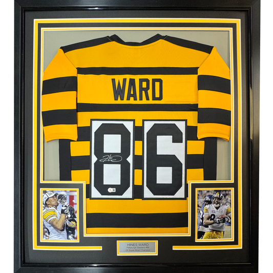 Framed Autographed/Signed Hines Ward 35x39 Pittsburgh Bumble Bee Football Jersey JSA COA