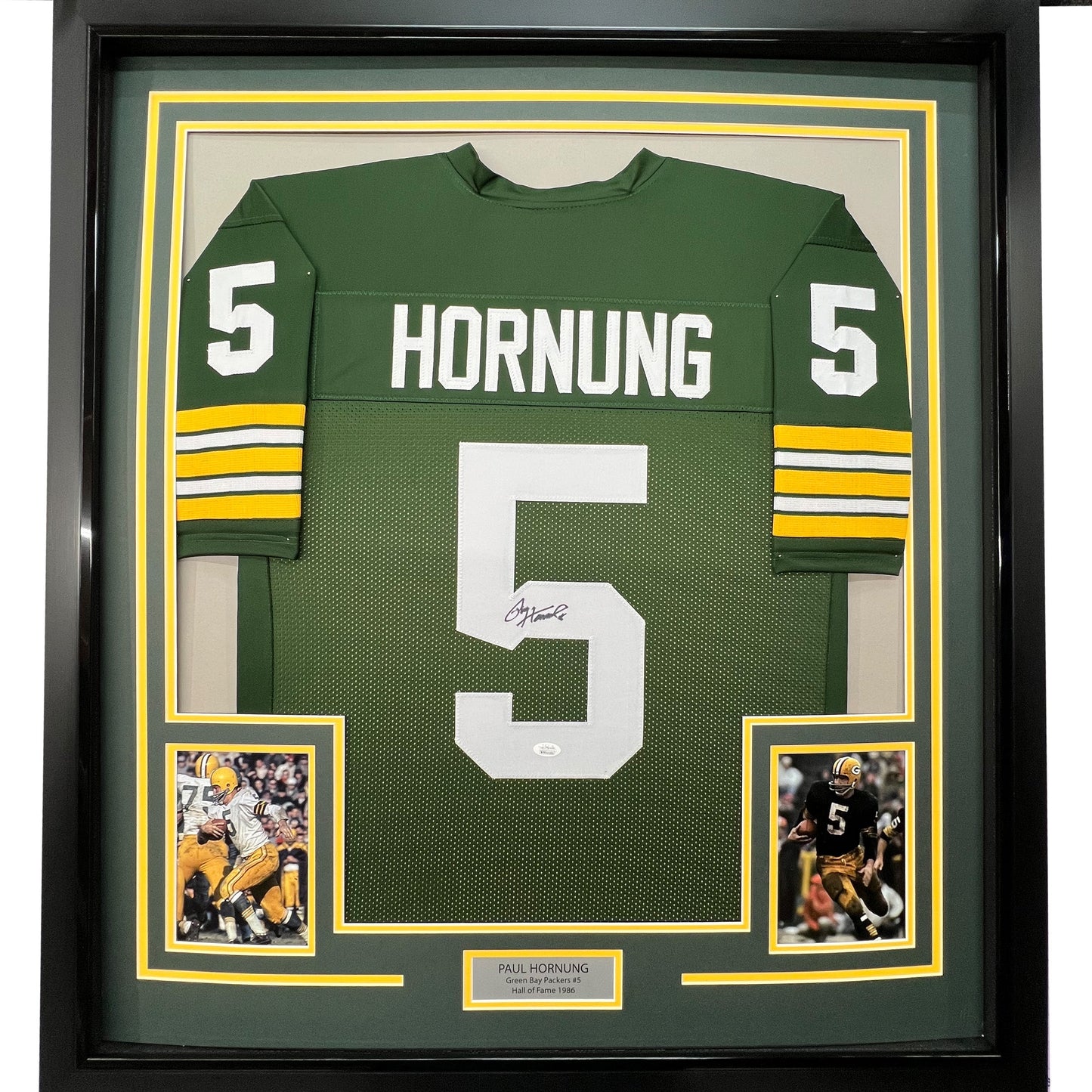 Framed Autographed/Signed Paul Hornung 35x39 Green Bay Green Football Jersey JSA COA