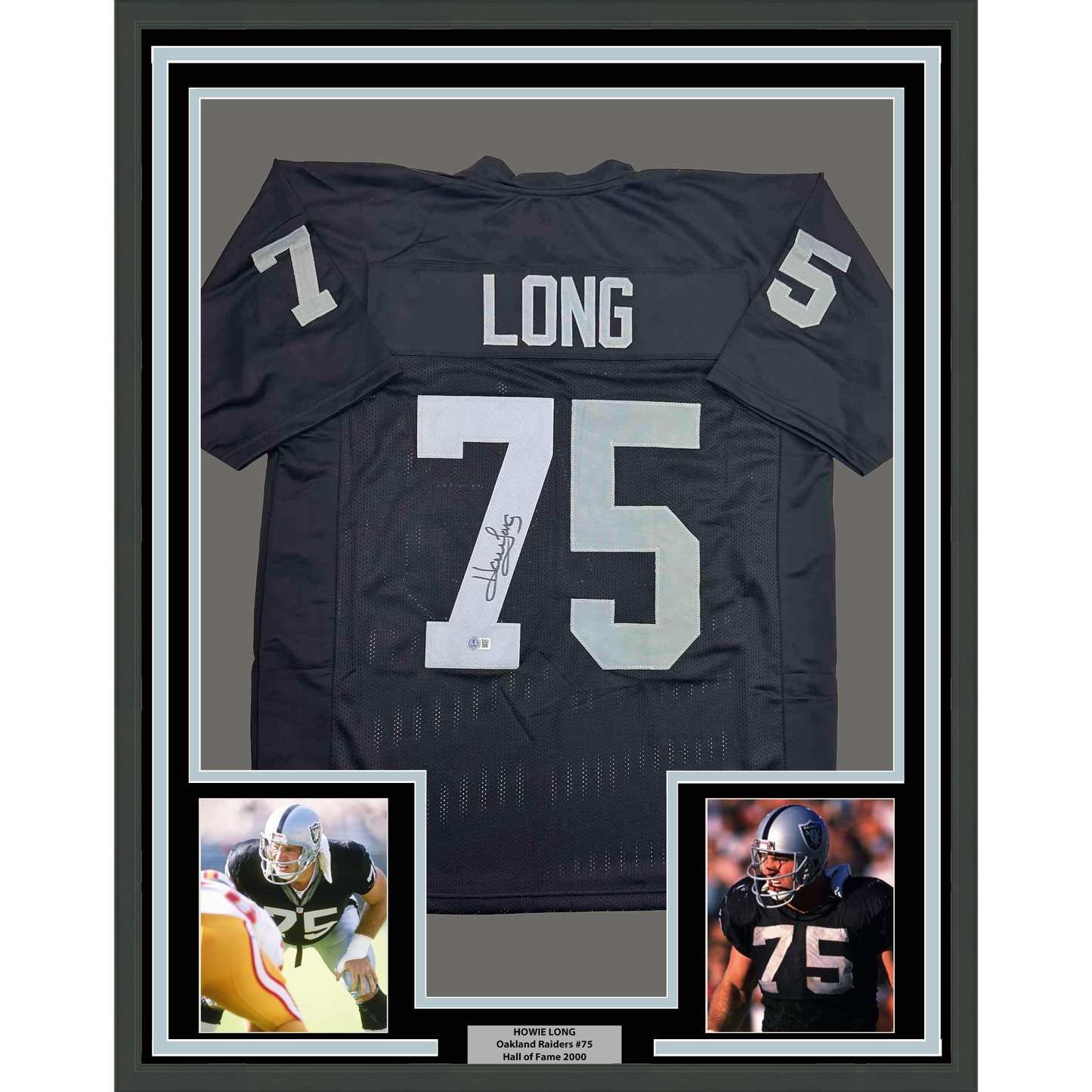 Framed Autographed/Signed Howie Long 35x39 Oakland White Football Jersey Beckett BAS COA