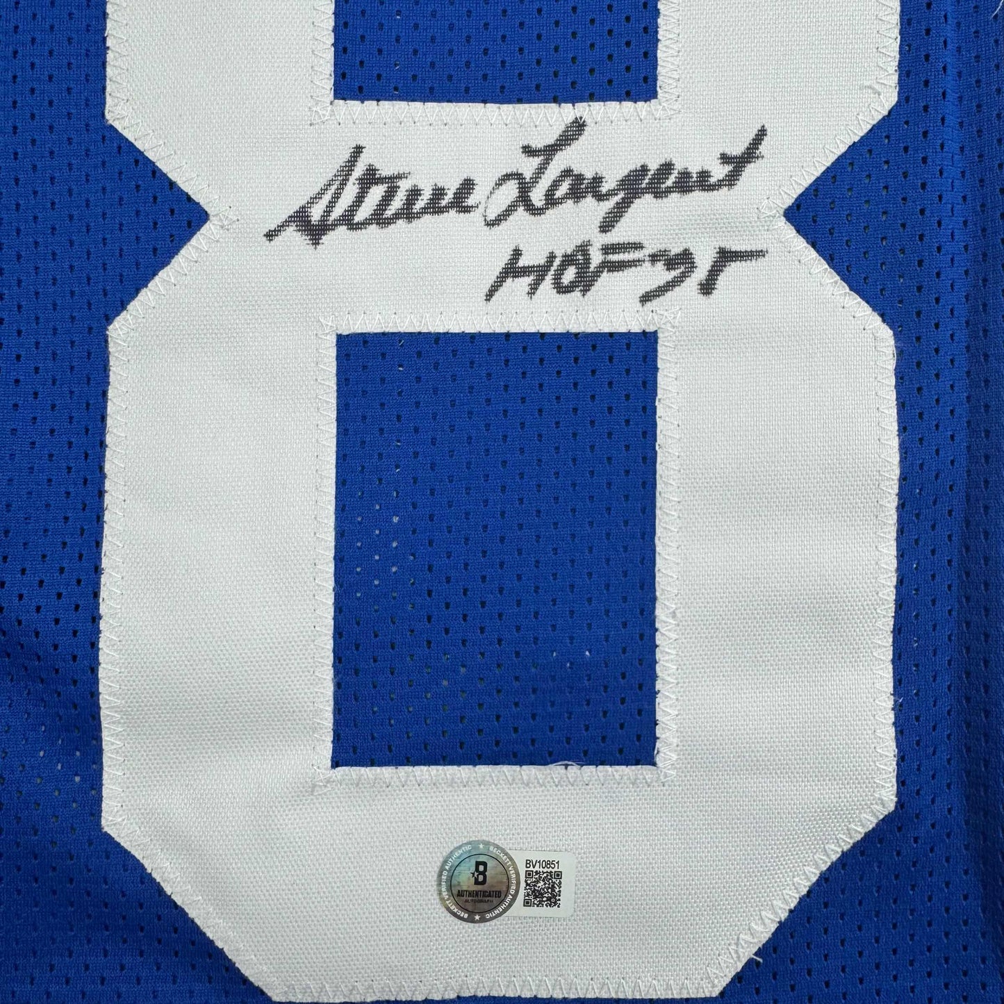 Autographed/Signed Steve Largent HOF 95 Seattle Blue Football Jersey Beckett BAS COA