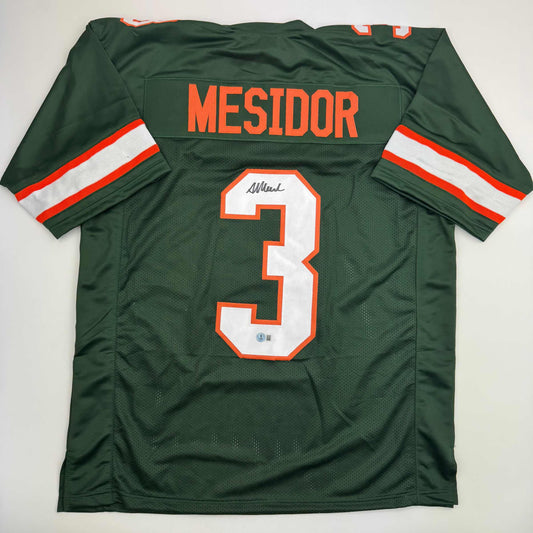 Autographed/Signed Akheem Mesidor Miami Green College Football Jersey Beckett BAS COA