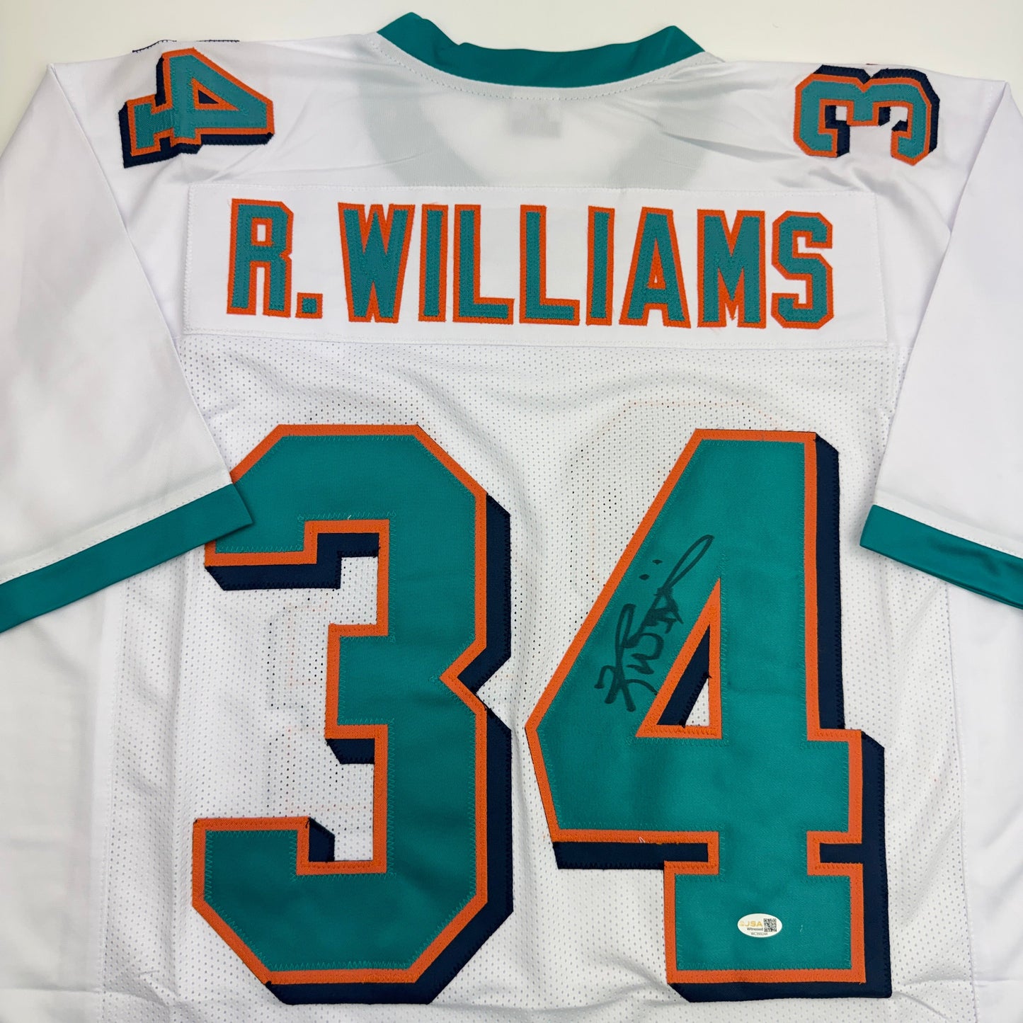 Autographed/Signed Ricky Williams Miami White Football Jersey JSA COA