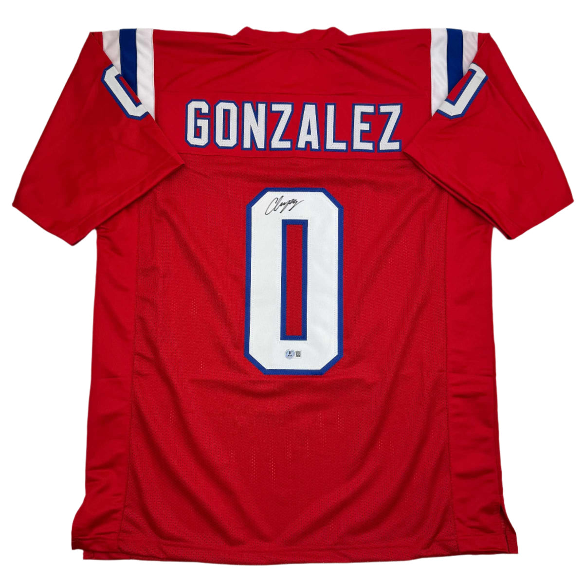 Autographed/Signed Christian Gonzalez New England Red Football Jersey Beckett BAS COA