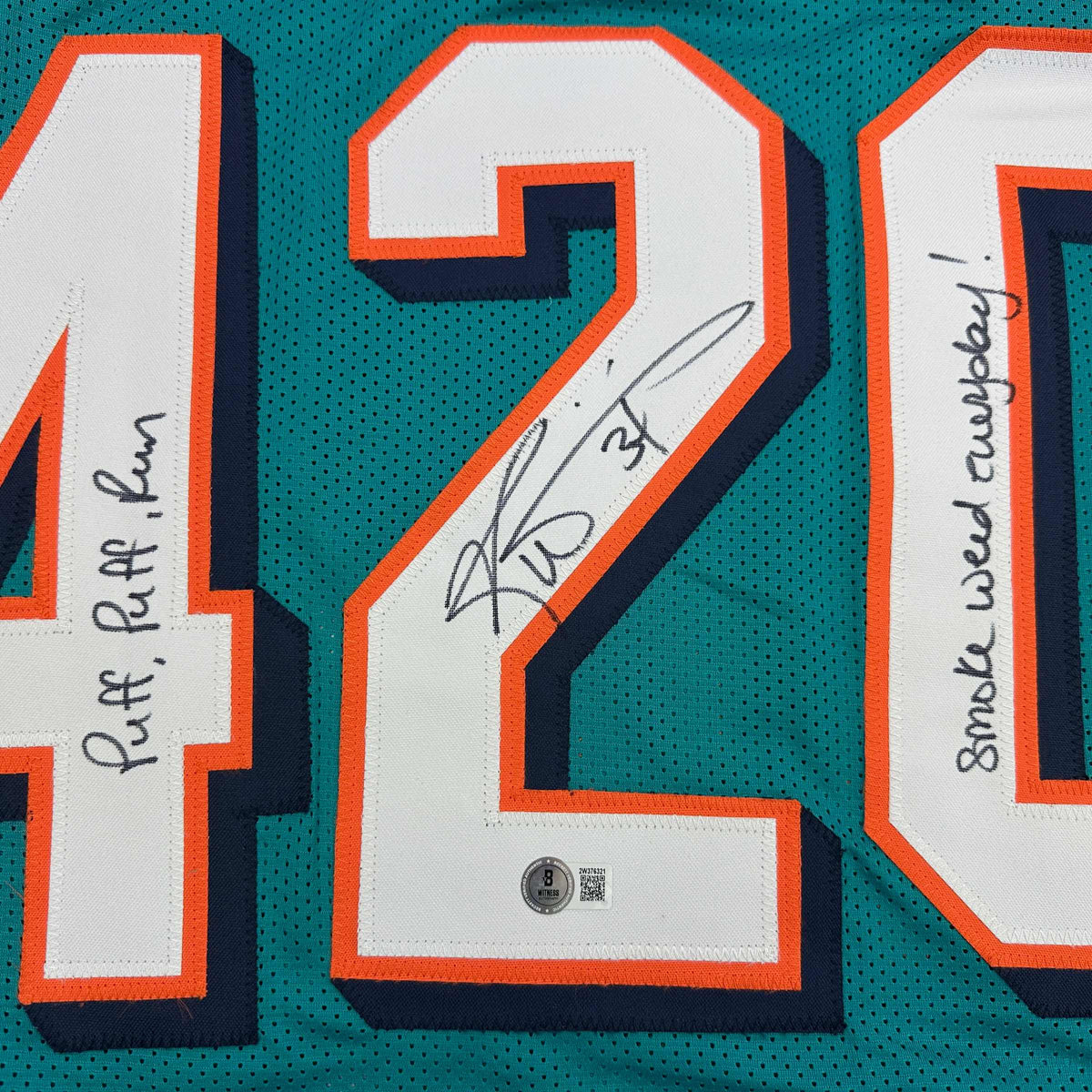 Autographed/Signed Ricky Williams Smoke Weed Everyday Puff Puff Run #420 Inscribed Miami Teal Football Jersey Beckett BAS COA